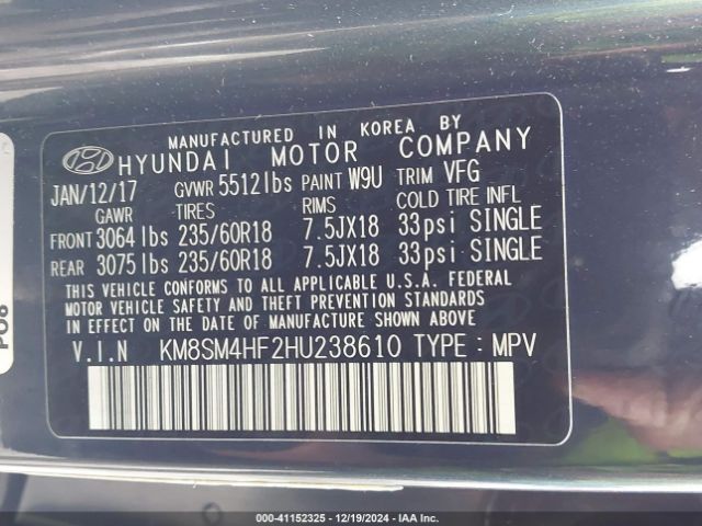 KM8SM4HF2HU238610 Hyundai Santa Fe Se