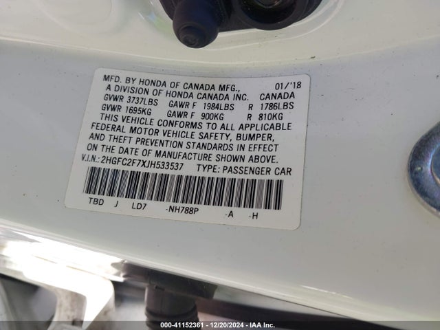 Honda CIVIC EX 2018 2HGFC2F7XJH533537 Image 9