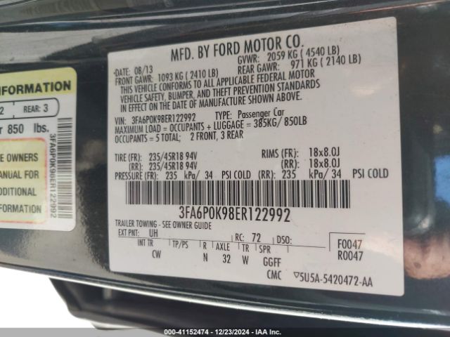 3FA6P0K98ER122992 Ford Fusion Titanium