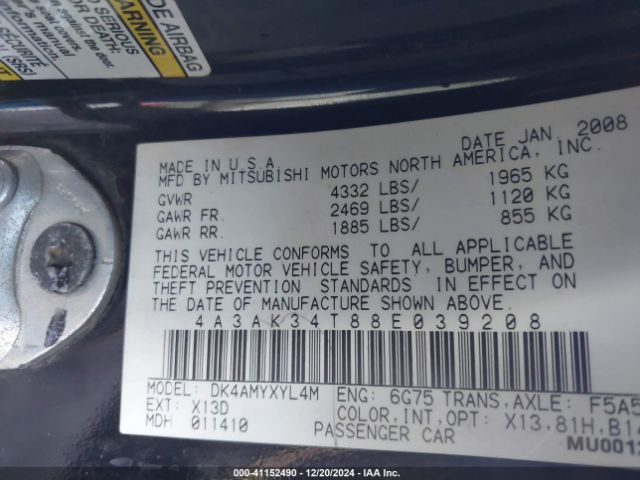 2008 MITSUBISHI ECLIPSE 4A3AK34T88E039208 Photo 8