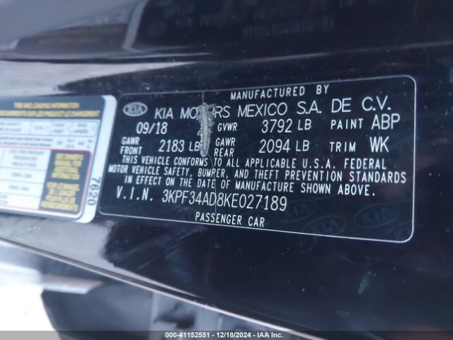 3KPF34AD8KE027189 KIA FORTE S