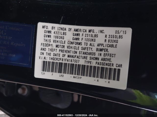 1HGCR2F81FA187507 Honda Accord Ex-l