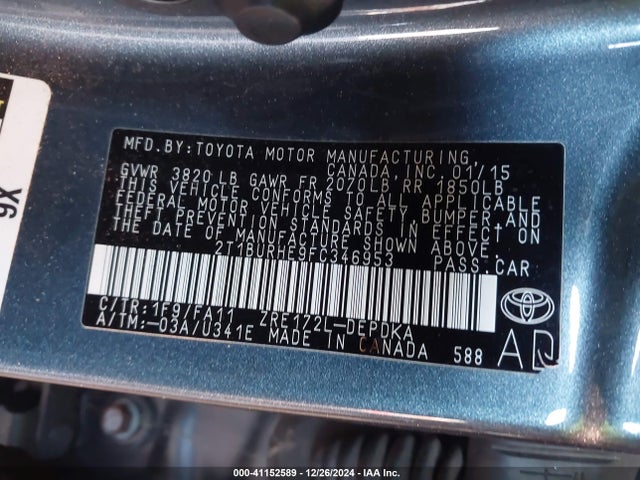 Toyota COROLLA L 2015 2T1BURHE9FC346953 Image 9