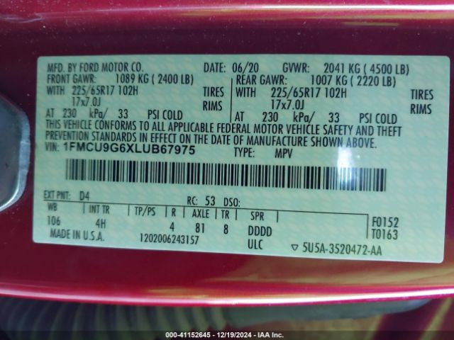 1FMCU9G6XLUB67975 Ford ESCAPE SE