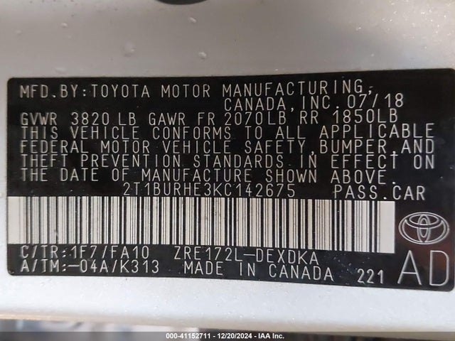 Toyota COROLLA L 2019 2T1BURHE3KC142675 Image 9