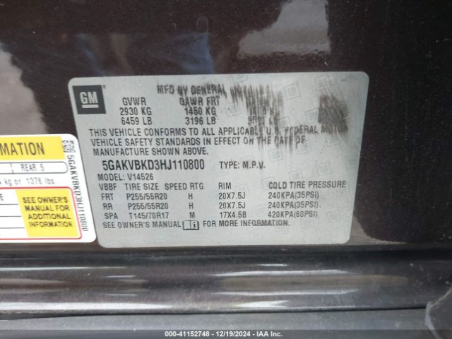 5GAKVBKD3HJ110800 Buick Enclave Leather