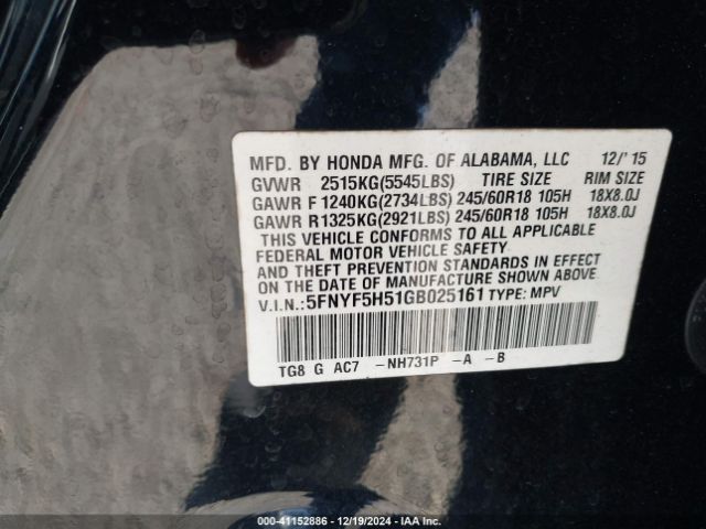 5FNYF5H51GB025161 Honda Pilot Ex-l