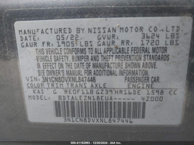 3N1CN8DVXNL847446 Nissan Versa 1.6 S Xtronic Cvt