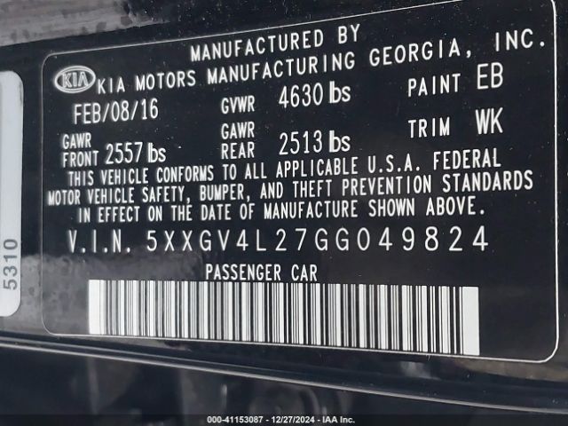 5XXGV4L27GG049824 KIA Optima Sxl Turbo