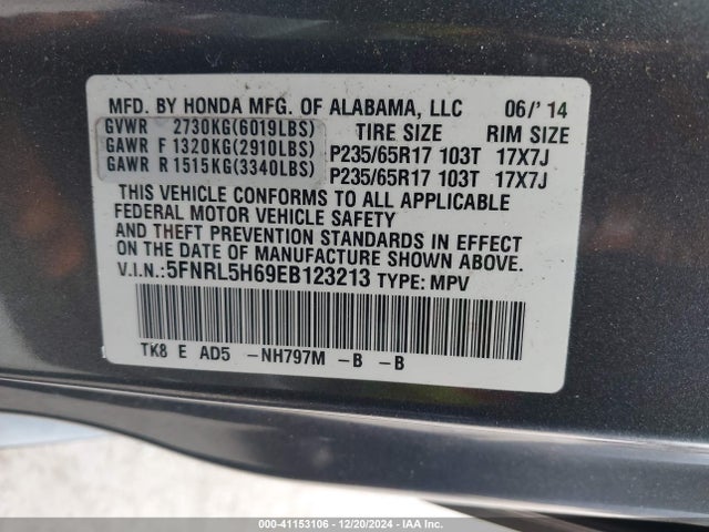 Honda Odyssey Ex-l 2014 5FNRL5H69EB123213 Image 9