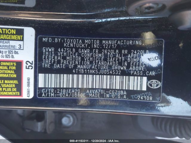 4T1B11HK5JU054532 Toyota CAMRY SE