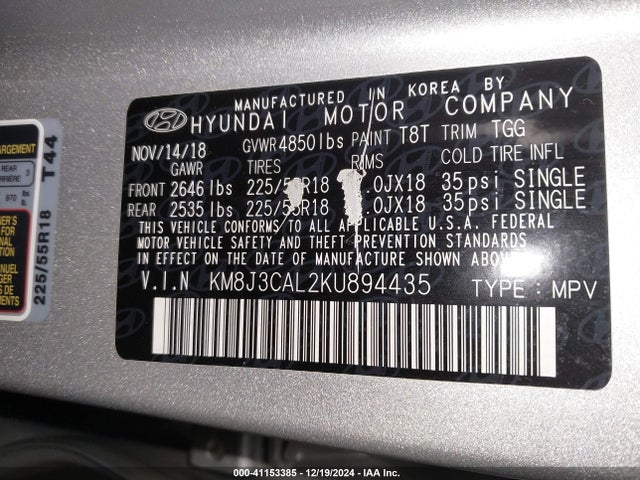 KM8J3CAL2KU894435 Hyundai TUCSON SEL