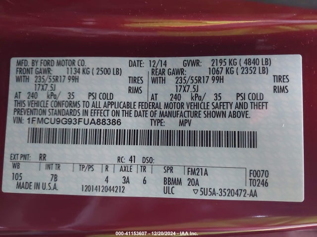 Ford ESCAPE SE 2015 1FMCU9G93FUA88386 Image 9