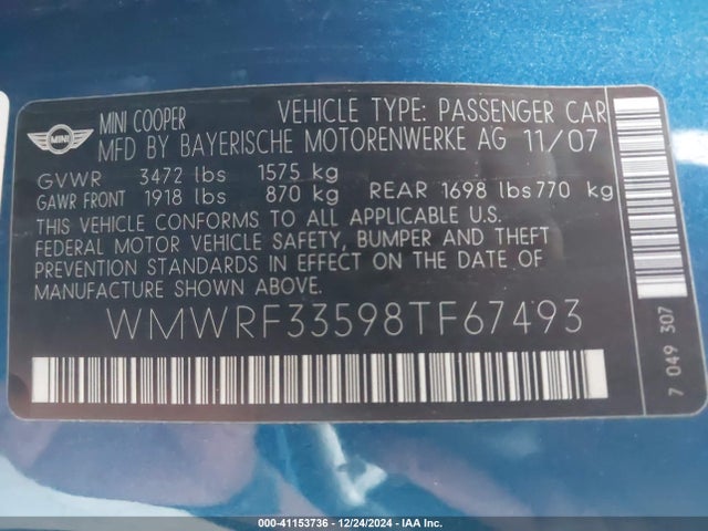 2008 MINI COOPER WMWRF33598TF67493 Photo 8