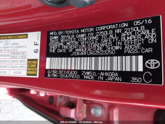 JTDKARFUXG3523250 Toyota Prius