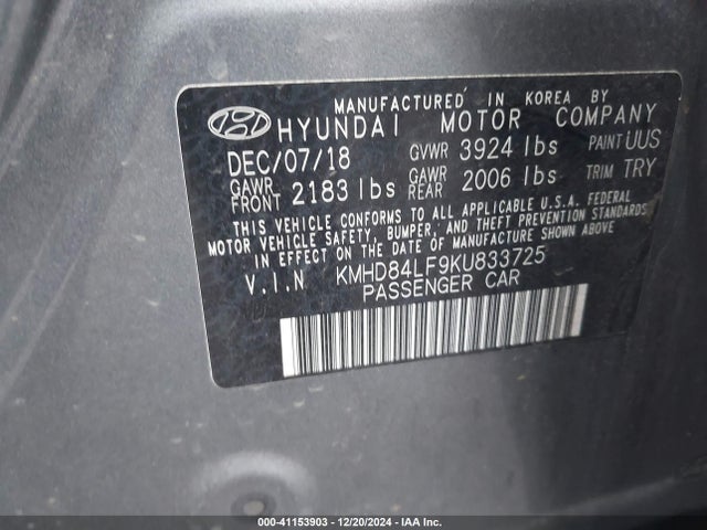 KMHD84LF9KU833725 Hyundai ELANTRA SEL