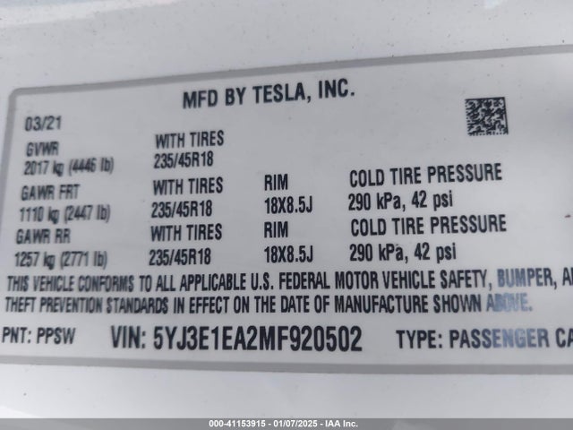 2021 TESLA MODEL 3 5YJ3E1EA2MF920502 Photo 8