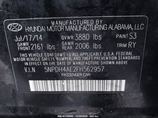 Hyundai Elantra Limited 2015 5NPDH4AE2FH562957 Image 9
