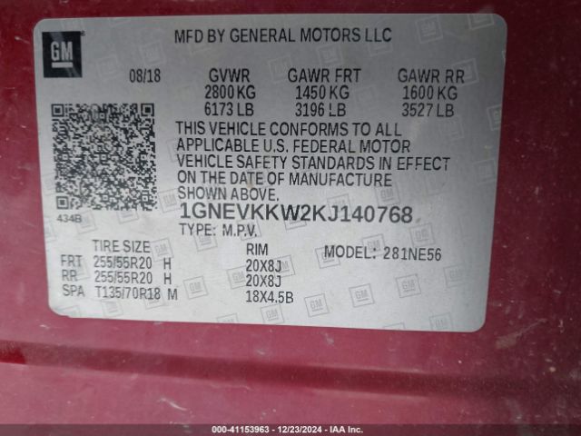 1GNEVKKW2KJ140768 Chevrolet Traverse Premier