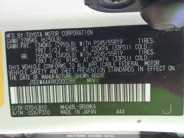 41153985 :رقم المزاد ، JTEEW44A982000265 vin ، 2008 Toyota Highlander Hybrid Limited مزاد بيع