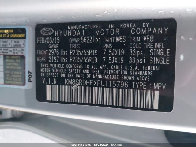 KM8SRDHFXFU115796 Hyundai Santa Fe Limited