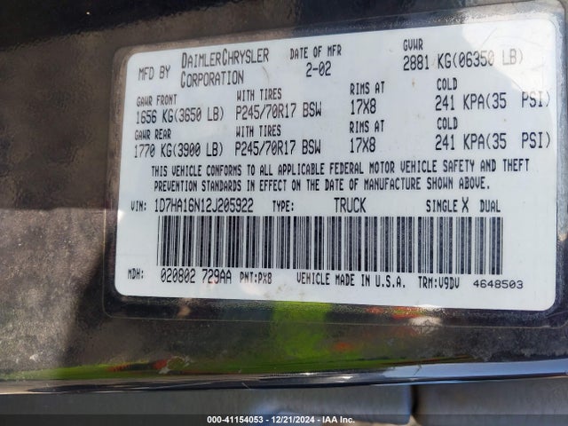Продаж на аукціоні авто 2002 Dodge Ram 1500 St, vin: 1D7HA16N12J205922, номер лоту: 41154053