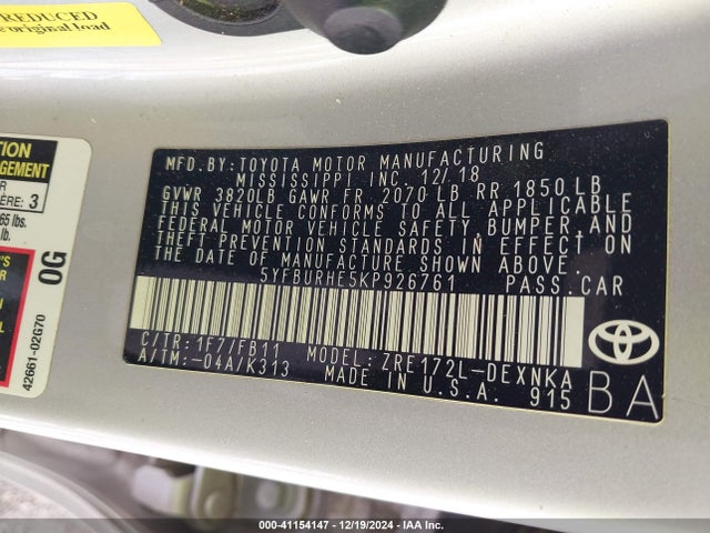 Toyota COROLLA LE 2019 5YFBURHE5KP926761 Image 9