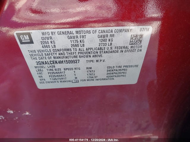 Chevrolet EQUINOX LT 2017 2GNALCEK4H1509927 Image 9