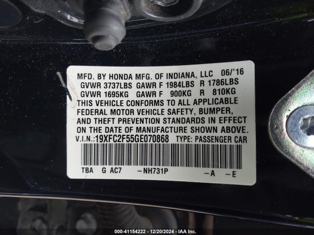 Honda Civic Lx 2016 19XFC2F55GE070868 Image 9