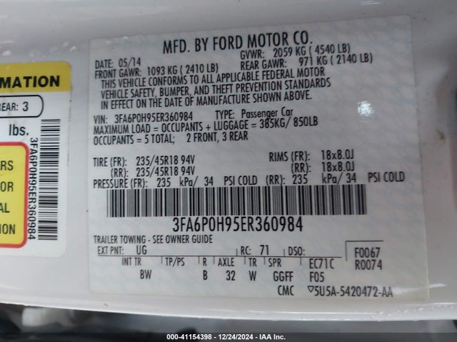 Ford FUSION SE 2014 3FA6P0H95ER360984 Image 9