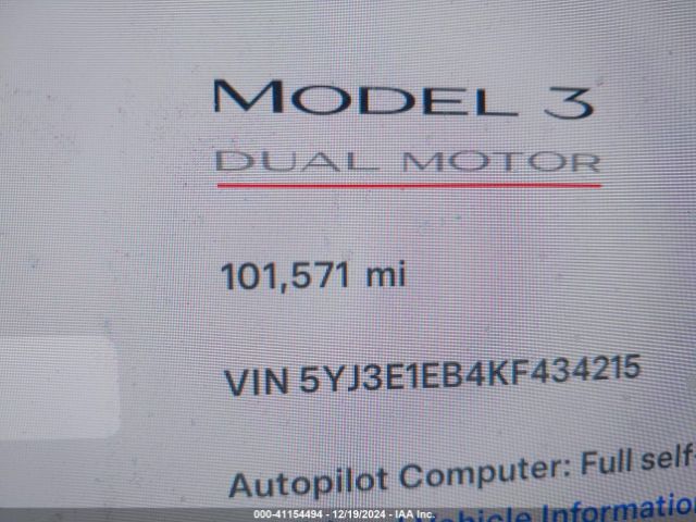 5YJ3E1EB4KF434215 Tesla Model 3 Long Range/performance