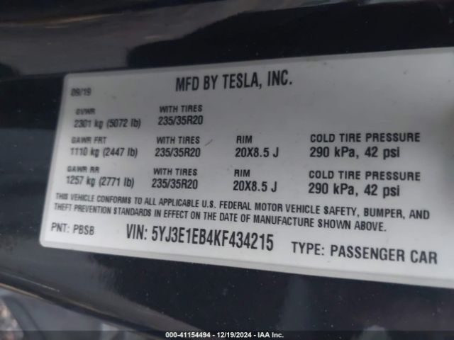 5YJ3E1EB4KF434215 Tesla Model 3 Long Range/performance