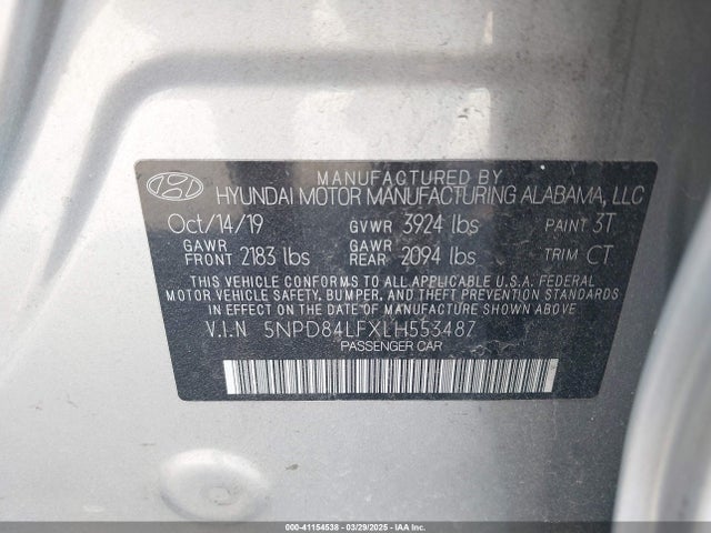 5NPD84LFXLH553487 Hyundai ELANTRA SEL
