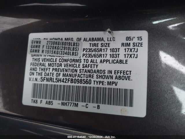 Honda ODYSSEY EX 2015 5FNRL5H42FB098560 Image 9