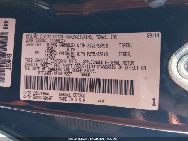 5TFUW5F1XFX419227 Toyota Tundra Sr5 5.7l V8