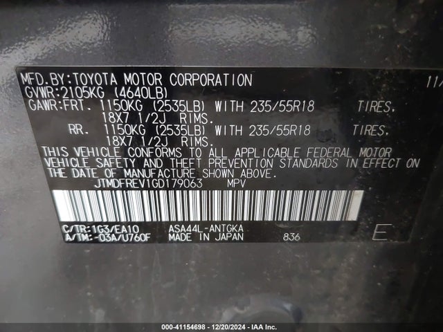 Toyota Rav4 Limited 2016 JTMDFREV1GD179063 Image 9