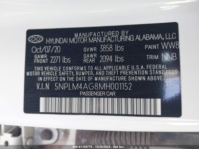 5NPLM4AG8MH001152 Hyundai ELANTRA SEL