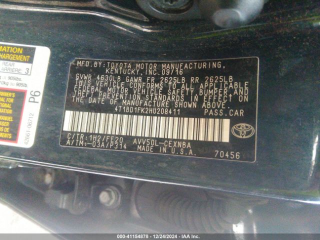 4T1BD1FK2HU208411 Toyota Camry Hybrid Le
