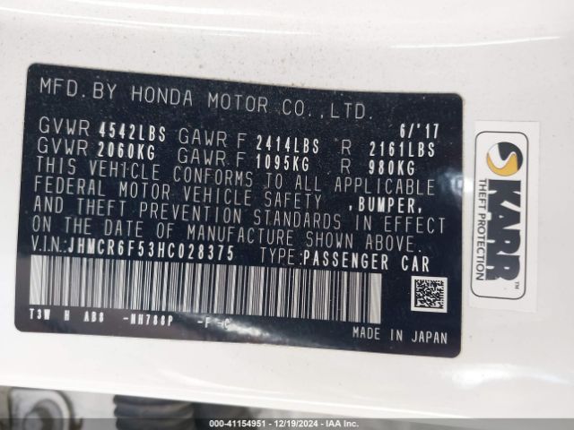 JHMCR6F53HC028375 Honda Accord Hybrid Ex-l