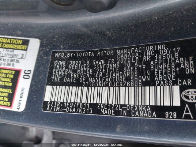 2T1BURHE0JC976806 Toyota COROLLA LE