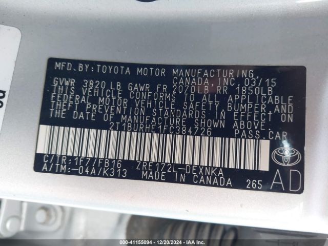 2T1BURHE1FC384726 Toyota COROLLA LE