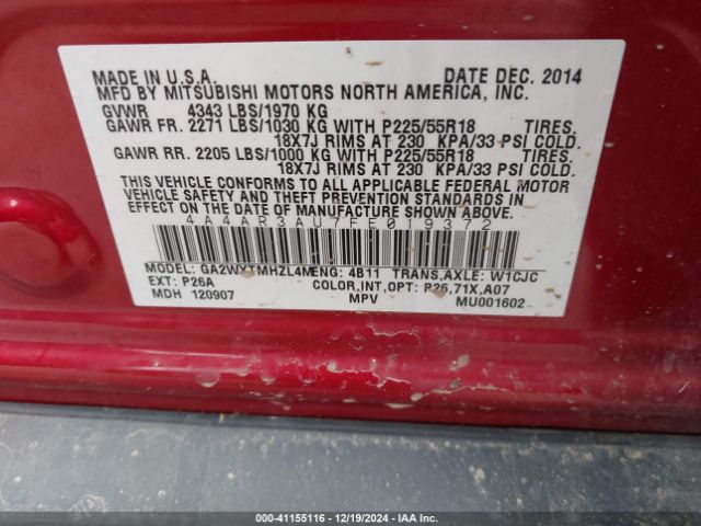 4A4AR3AU7FE019372 Mitsubishi Outlander Sport Es