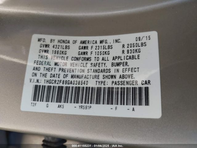1HGCR2F89GA038540 Honda Accord Ex-l