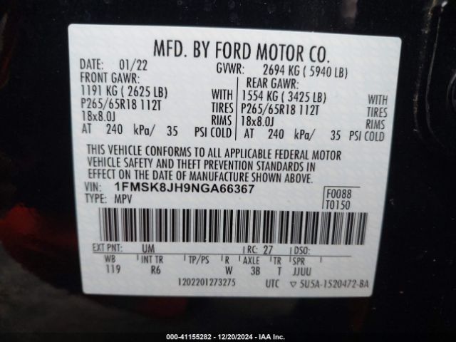 1FMSK8JH9NGA66367 Ford Explorer Timberline