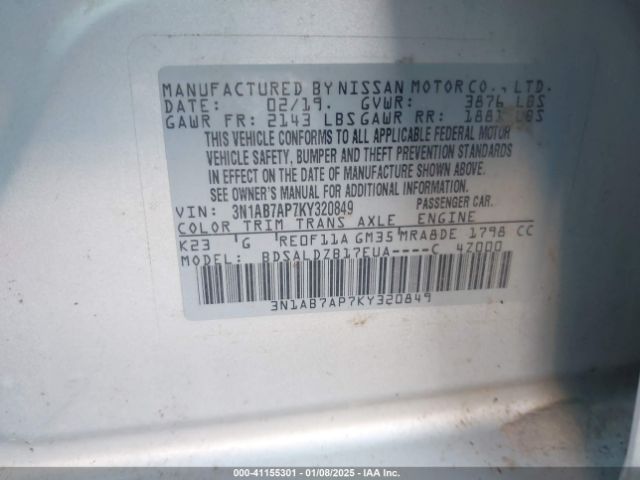 3N1AB7AP7KY320849 Nissan SENTRA SV