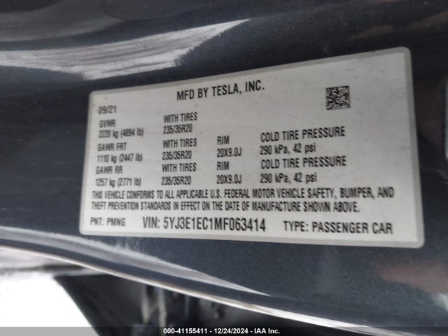 2021 TESLA MODEL 3 5YJ3E1EC1MF063414 Photo 8
