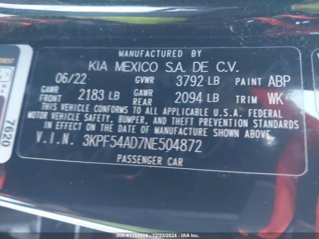 3KPF54AD7NE504872 KIA Forte Gt-line