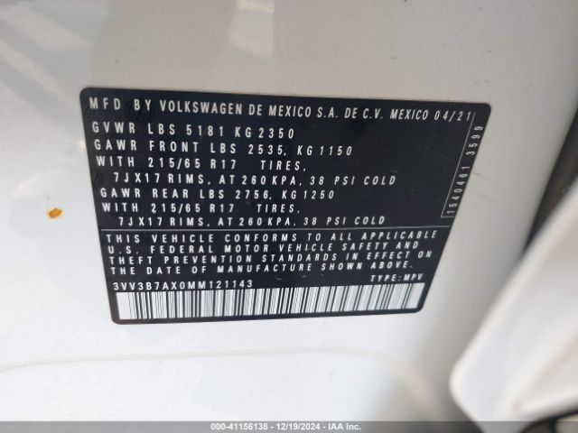 3VV3B7AX0MM121143 Volkswagen Tiguan 2.0t Se/2.0t Se R-line Black/2.0t Sel