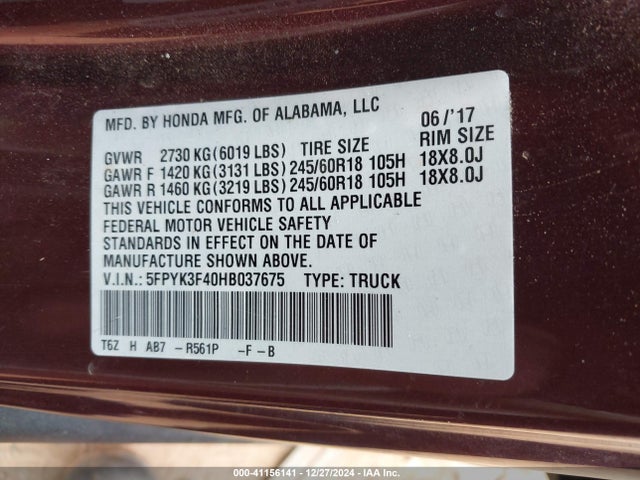 Honda Ridgeline Rts 2017 5FPYK3F40HB037675 Image 9