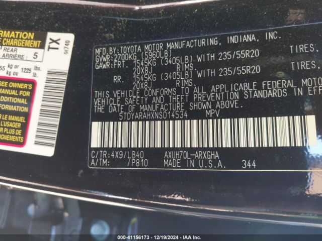 5TDYARAHXNS014534 Toyota Highlander Hybrid Limited
